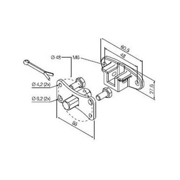 Perno quadro 10 mm + staffa a sella, con fori M6 a interasse 48 mm (max 30 Nm)