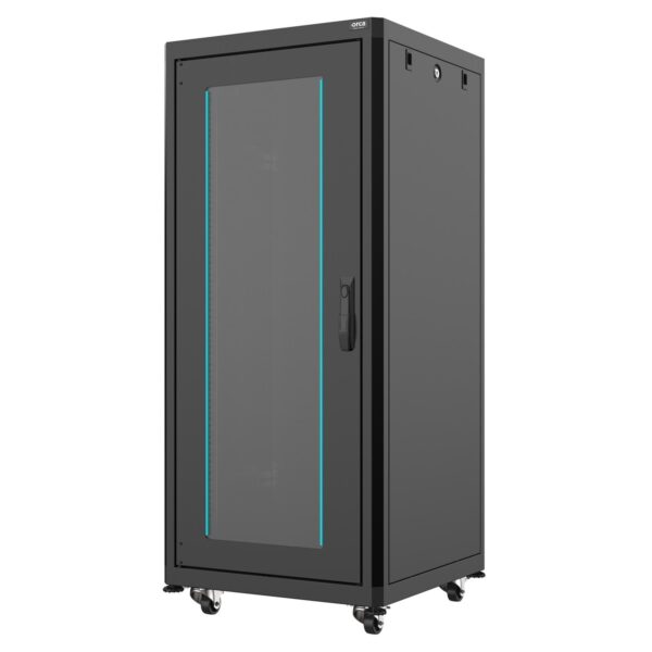ORCA - Armadio a pavimento serie MARLIN, 600x600x27U, 4 montanti, smontabile, piedini (zoccolo optional), portata 800 kg Nero