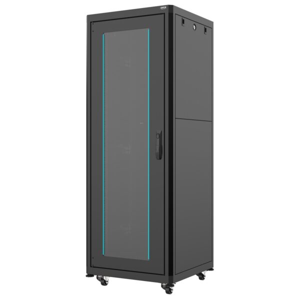 ORCA - Armadio a pavimento serie MARLIN, 600X600X33U, 4 montanti, smontabile, piedini (zoccolo optional), portata 800 kg Nero