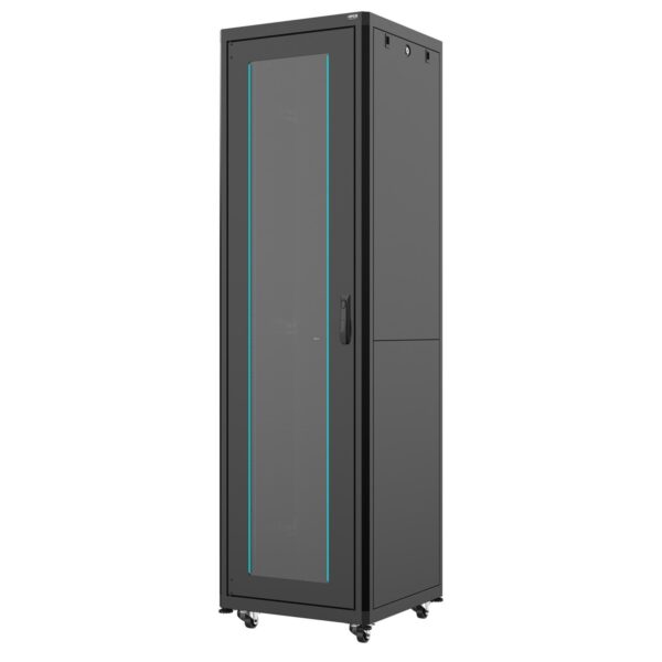 ORCA - Armadio a pavimento serie MARLIN, 600X600X42U, 4 montanti, smontabile, piedini (zoccolo optional), portata 800 kg Nero