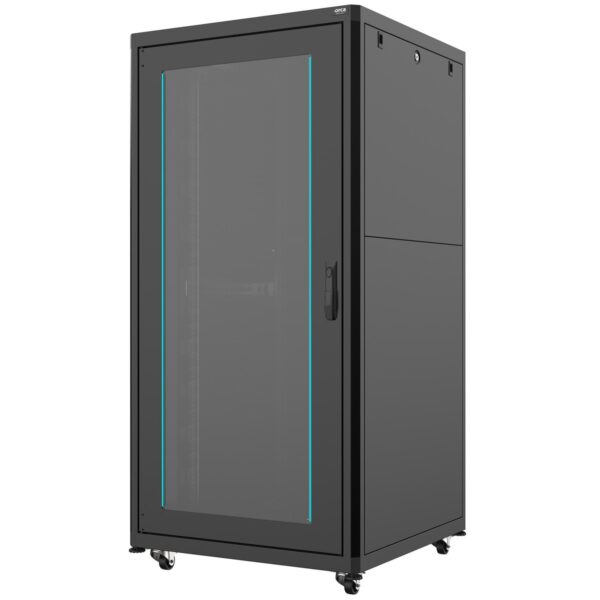 ORCA - Armadio a pavimento serie MARLIN, 800X800X33U, 4 montanti, smontabile, piedini (zoccolo optional), portata 800 kg Nero