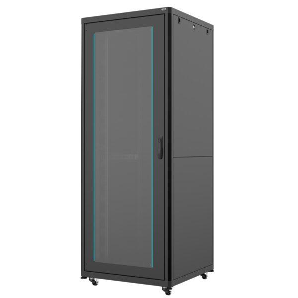 ORCA - Armadio a pavimento serie MARLIN, 800X800X42U, 4 montanti, smontabile, piedini (zoccolo optional), portata 800 kg Nero