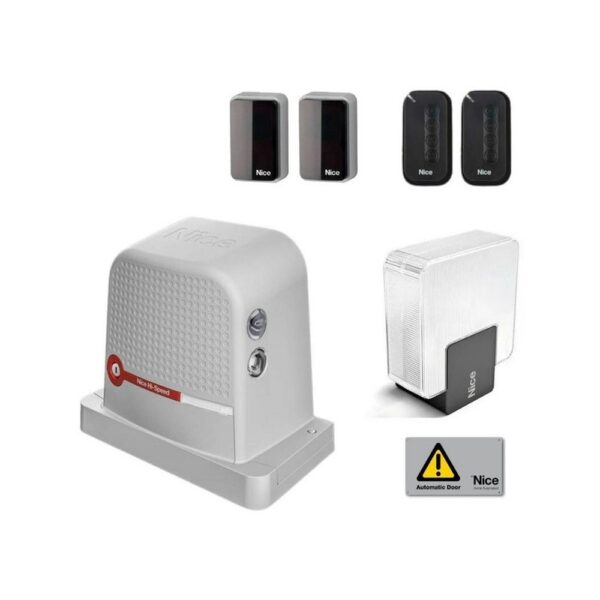 Kit per l’automazione di un cancello scorrevole fino a 600 kg. Motoriduttore elettromeccanico irreversibile, 24 Vdc, veloce, con centrale e ricevente incorporata.