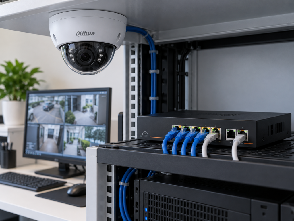 Telecamera IP PoE collegata alla rete di videosorveglianza